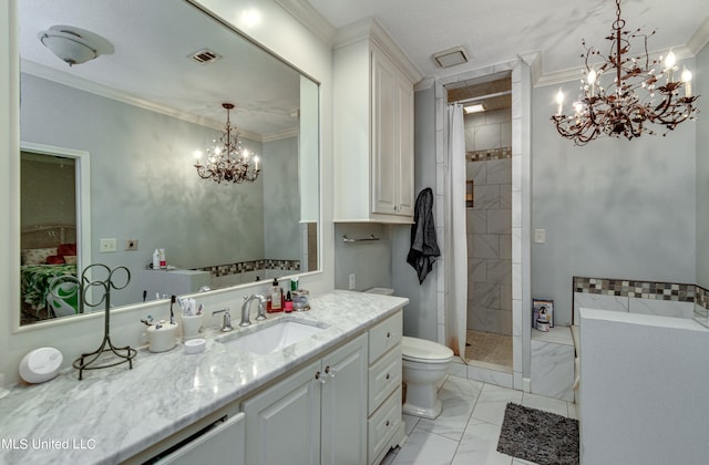 bathroom featuring toilet, ornamental molding, a shower with curtain, and vanity