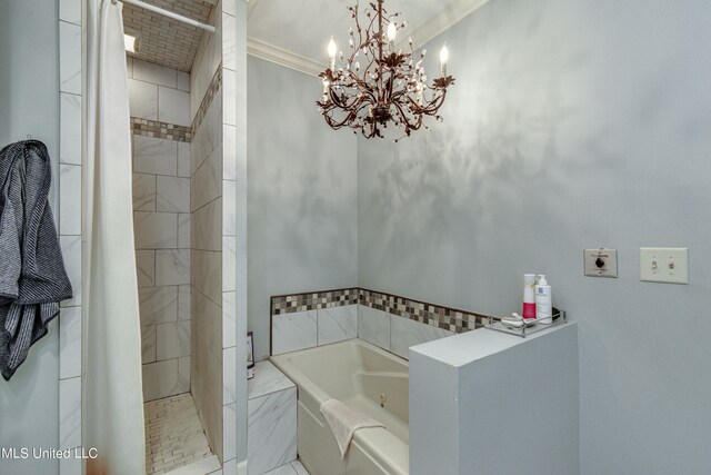 bathroom featuring tile patterned flooring, crown molding, independent shower and bath, and a chandelier