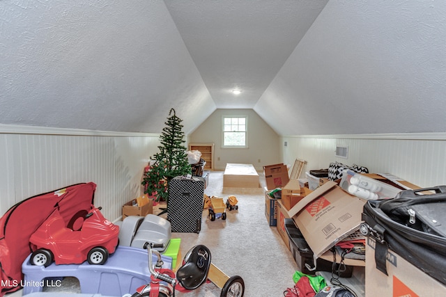 interior space with a textured ceiling, lofted ceiling, and carpet floors