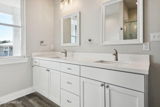 bathroom with vanity, wood-type flooring, and walk in shower