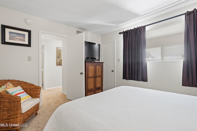 bedroom with light carpet and a textured ceiling