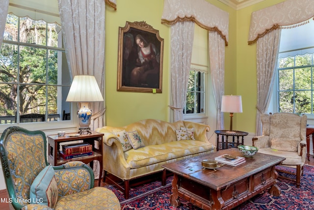 living room with crown molding