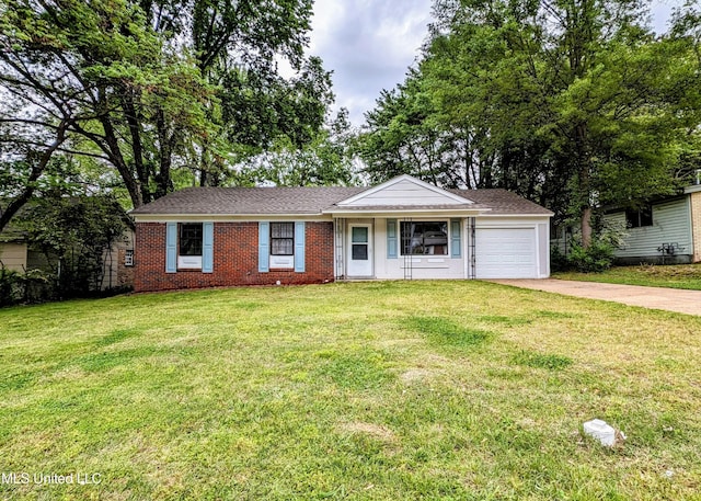 ranch-style home with a garage and a front lawn