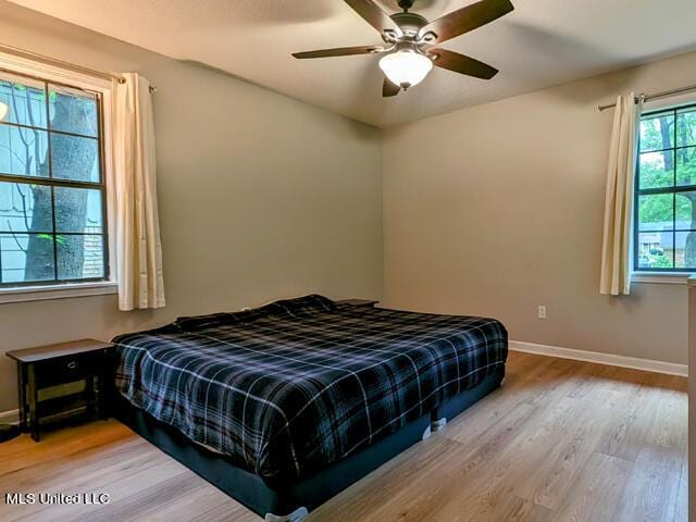 bedroom featuring ceiling fan and light hardwood / wood-style flooring