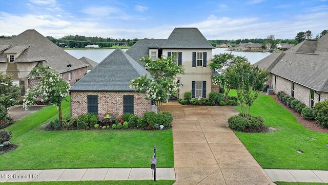 view of front of house featuring a water view and a front lawn