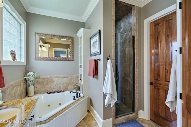 bathroom with ornamental molding, shower with separate bathtub, and vanity