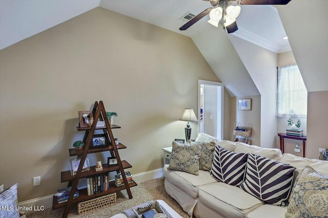 living room with vaulted ceiling, ceiling fan, and carpet flooring