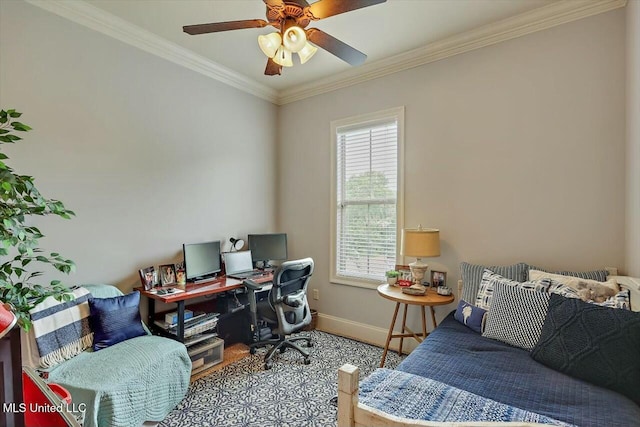 office space featuring crown molding and ceiling fan