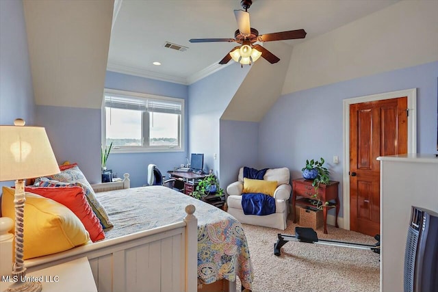 bedroom with crown molding, lofted ceiling, carpet floors, and ceiling fan