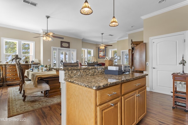 5200 W Beach Blvd, Gulfport, MS 39501 - kitchen featuring a ceiling fan, dark wood-style flooring, ornamental molding, pendant lighting, and dark stone countertops