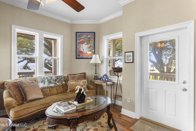 5200 W Beach Blvd, Gulfport, MS 39501 - living room with a ceiling fan, wood finished floors, and crown molding