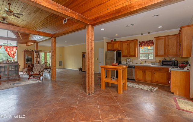 kitchen featuring sink, appliances with stainless steel finishes, pendant lighting, and a healthy amount of sunlight