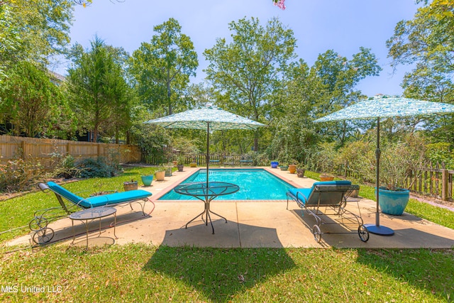 view of swimming pool featuring a yard and a patio area