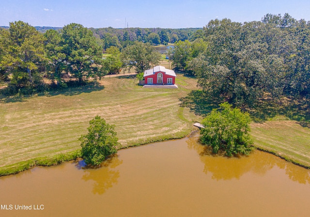 drone / aerial view with a water view and a rural view