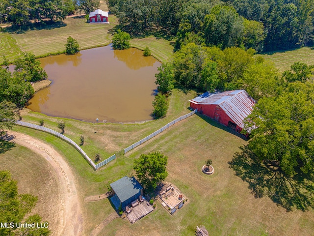 bird's eye view featuring a water view and a rural view