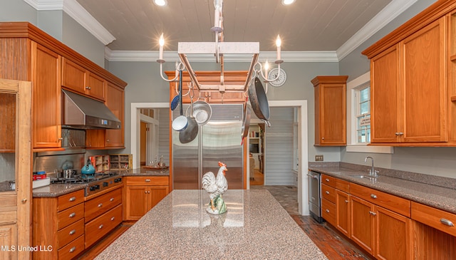 kitchen with dark wood-type flooring, ornamental molding, sink, appliances with stainless steel finishes, and light stone counters