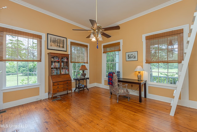 office space with ornamental molding, light wood-type flooring, and ceiling fan