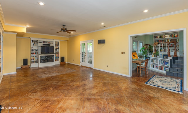 unfurnished living room featuring crown molding, built in features, and ceiling fan