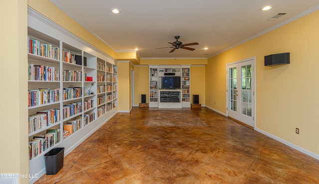 living area featuring french doors, crown molding, and ceiling fan