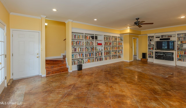 3775 Coker Rd, Madison, MS 39110 - unfurnished living room with crown molding, a ceiling fan, stairs, built in shelves, and baseboards