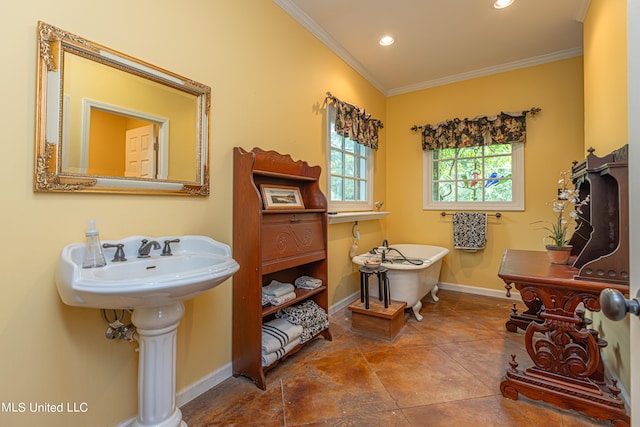 3775 Coker Rd, Madison, MS 39110 - bathroom with ornamental molding, baseboards, a freestanding tub, and recessed lighting