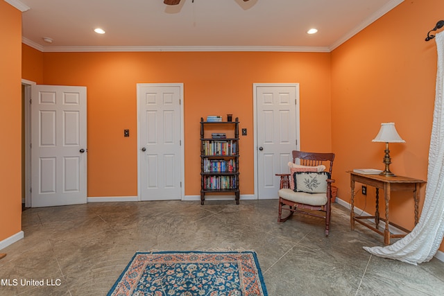 living area with crown molding and ceiling fan