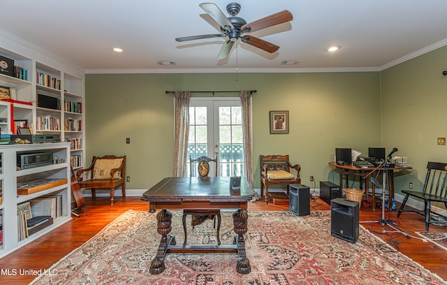 office featuring crown molding, wood-type flooring, french doors, and ceiling fan