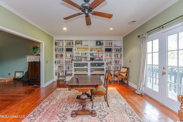 office area featuring hardwood / wood-style floors, french doors, crown molding, and ceiling fan