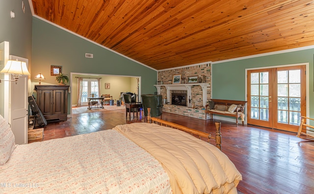 3775 Coker Rd, Madison, MS 39110 - bedroom featuring french doors, ornamental molding, wooden ceiling, vaulted ceiling, and wood finished floors