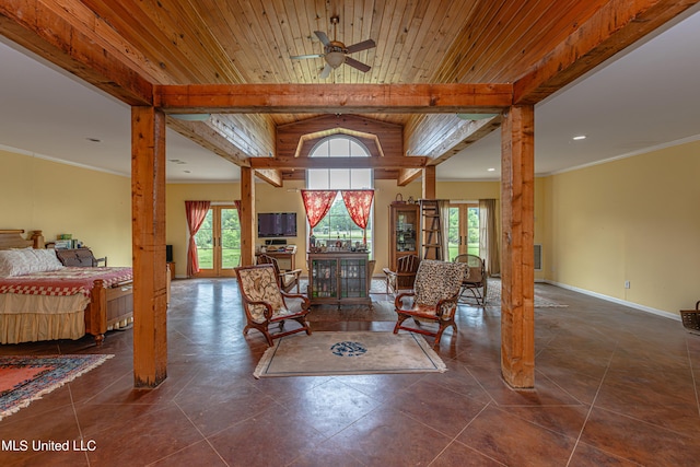 3775 Coker Rd, Madison, MS 39110 - tiled living room with ceiling fan, decorative columns, recessed lighting, wooden ceiling with exposed beams, and baseboards