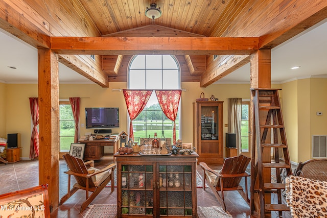 tiled living room with lofted ceiling, wooden ceiling, and crown molding