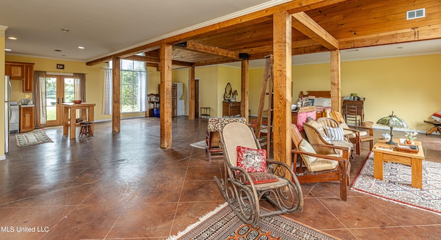 interior space with french doors, wood ceiling, and crown molding