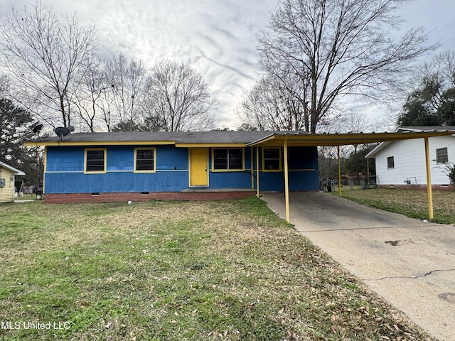 single story home with an attached carport, a front lawn, driveway, and crawl space