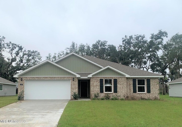 view of front of property featuring brick siding, a shingled roof, a garage, driveway, and a front lawn