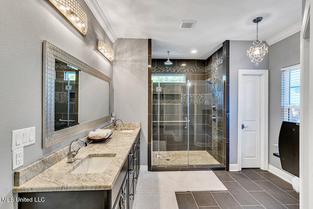 bathroom with vanity, ornamental molding, a healthy amount of sunlight, and a shower with door