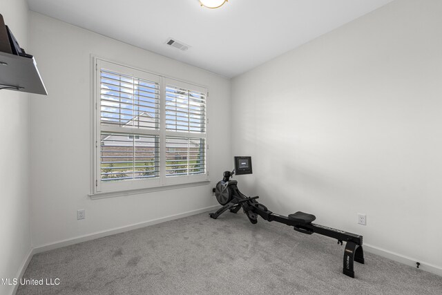 workout area with baseboards, visible vents, and carpet floors