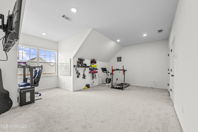 exercise area with recessed lighting, carpet flooring, visible vents, and baseboards