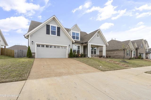 craftsman inspired home with a front yard, stone siding, a garage, fence, and concrete driveway