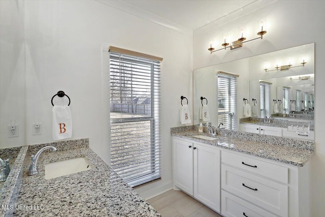 bathroom featuring ornamental molding and vanity