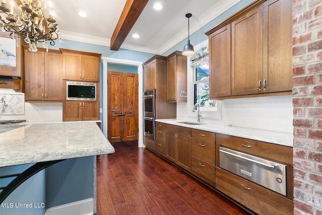 kitchen featuring dark hardwood / wood-style floors, beam ceiling, sink, light stone countertops, and pendant lighting