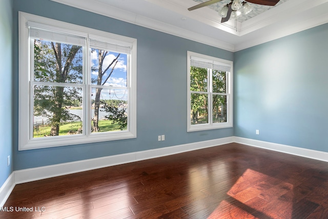 unfurnished room featuring ceiling fan, crown molding, a raised ceiling, and hardwood / wood-style floors