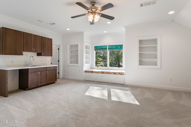 kitchen with light carpet, ceiling fan, crown molding, dark brown cabinetry, and sink