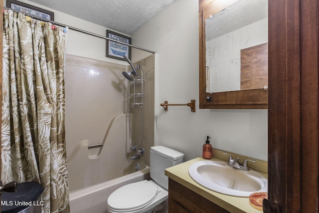 bathroom with toilet, shower / bathtub combination with curtain, a textured ceiling, and vanity