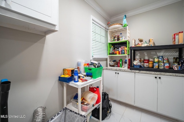 kitchen featuring ornamental molding, white cabinetry, open shelves, and light tile patterned floors