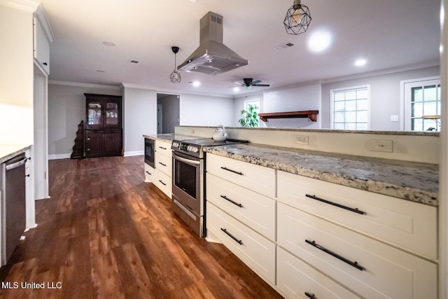 kitchen with stainless steel appliances, island exhaust hood, crown molding, dark wood-style floors, and light stone counters