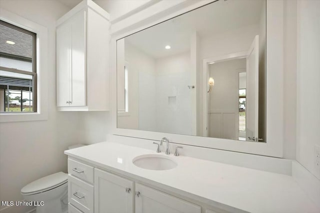 bathroom with toilet, a shower, and vanity