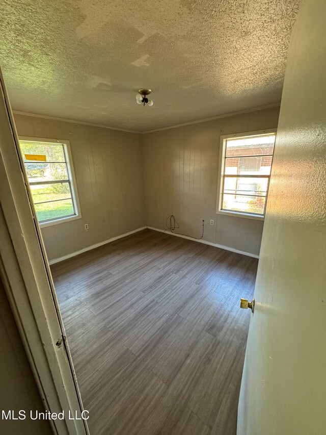 empty room featuring a textured ceiling and wood-type flooring