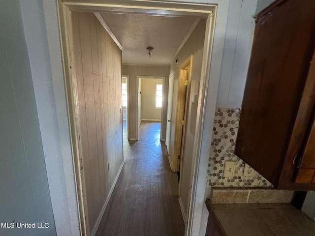 306 Hillcrest St, Carthage, MS 39051 - hallway featuring crown molding, wood walls, wood finished floors, a textured ceiling, and baseboards