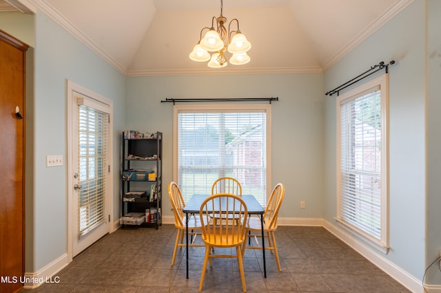 tiled dining area with lofted ceiling, ornamental molding, and a notable chandelier