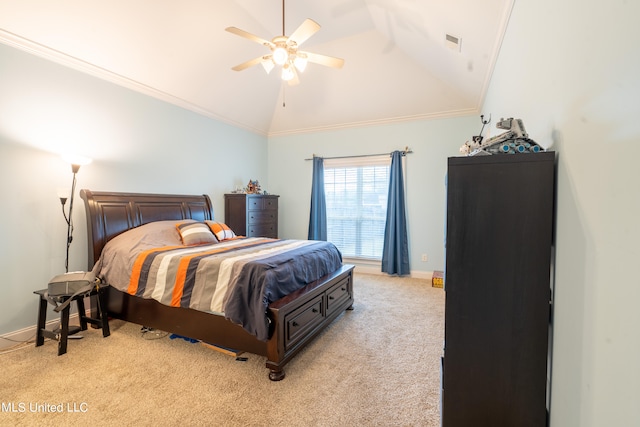 carpeted bedroom with crown molding, ceiling fan, and vaulted ceiling